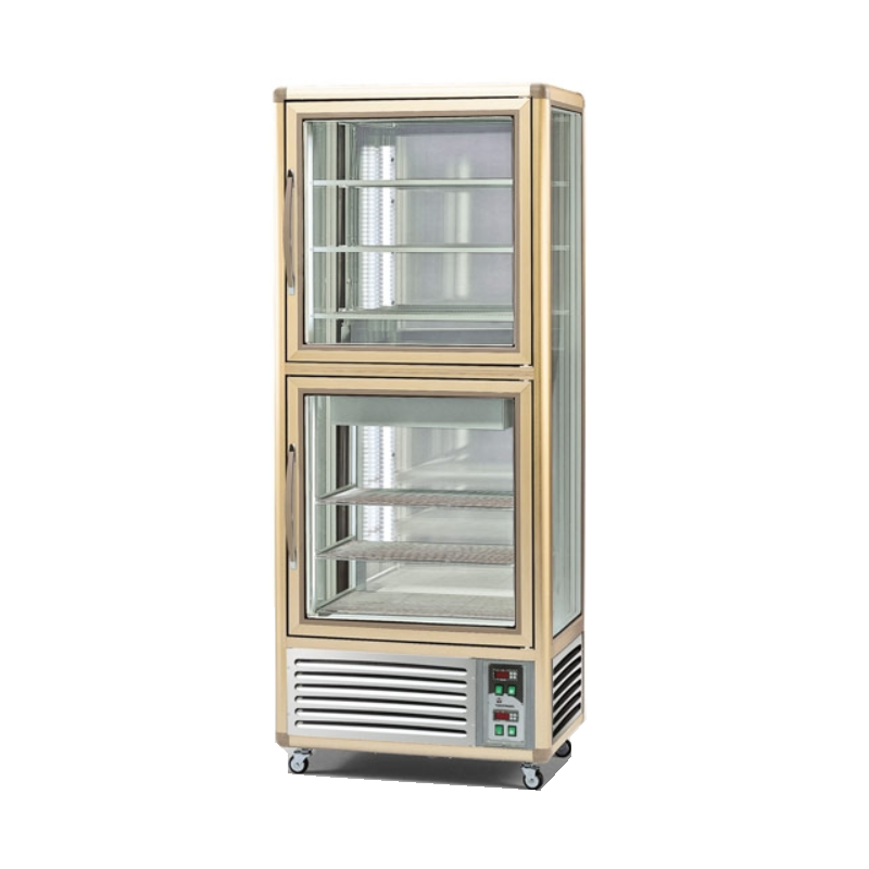 Vitrina frigorifica de cofetarie Tecfrigo Snelle 530 GBT-G, capacitate 530 l, 2 zone temperatura -10 -19/+2+10°C, argintiu/auriu