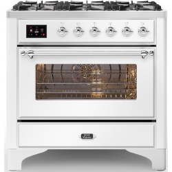 Aragaz ILVE Majestic M09N, 90x70cm, 4 arzatoare +Fry Top , cuptor electric, aprindere electronica, sigurante Stop-Gaz, alb