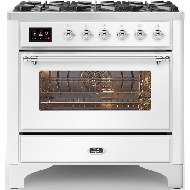 Aragaz ILVE Majestic M09N, 90x70cm, 4 arzatoare +Fry Top , cuptor electric, aprindere electronica, sigurante Stop-Gaz, alb