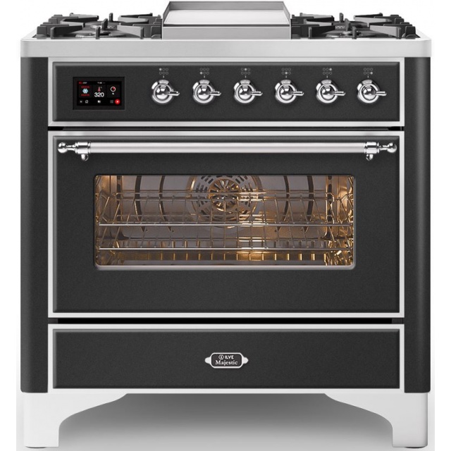 Aragaz ILVE Majestic M09N, 90x70cm, 4 arzatoare +Fry Top , cuptor electric, aprindere electronica, sigurante Stop-Gaz, antracit