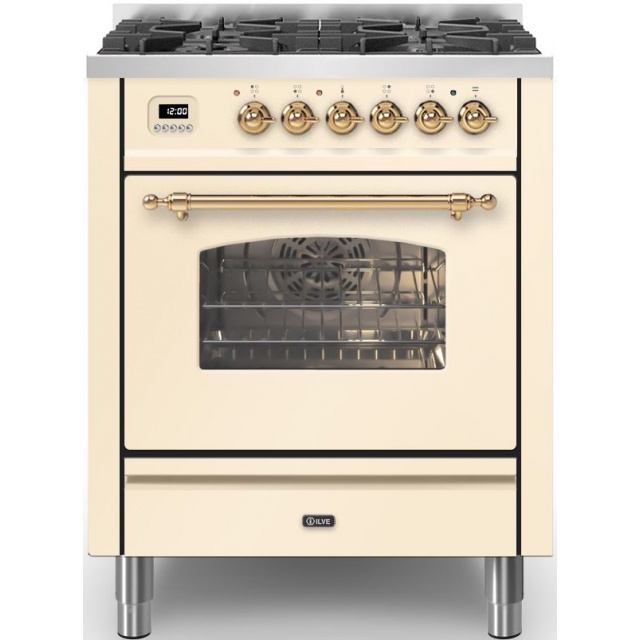 Aragaz ILVE Nostalgie P07N, 70x60cm, 4 arzatoare, cuptor electric, aprindere electronica, siguranta Stop-Gaz, alb antic