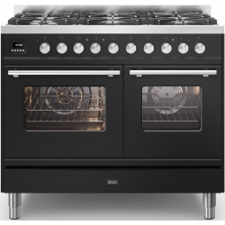 Aragaz ILVE Professional Plus PD10W, 100x60cm,6 arzatoare, cuptor dublu, aprindere electronica, siguranta Stop Gaz, negru lucios