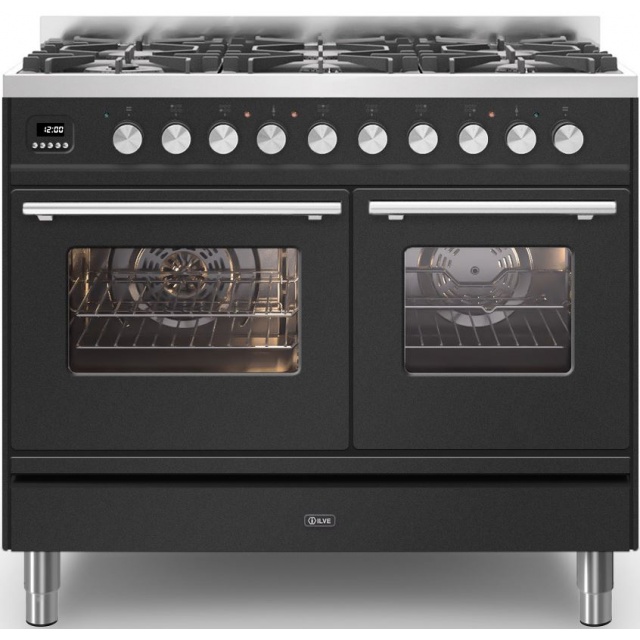 Aragaz ILVE Professional Plus PD10W, 100x60cm, 6 arzatoare, cuptor dublu, aprindere electronica, siguranta Stop Gaz, negru mat