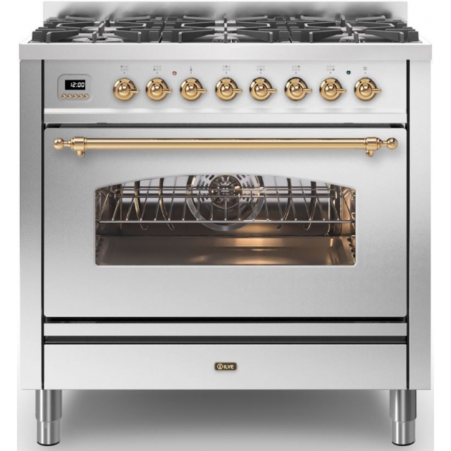 Aragaz ILVE Nostalgie P09N, 90x60cm, 6 arzatoare, cuptor electric, aprindere electronica, siguranta Stop-Gaz, alb
