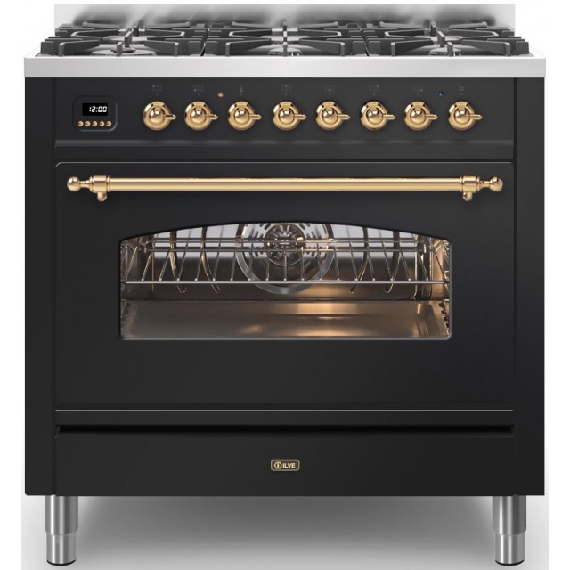 Aragaz ILVE Nostalgie P09N, 90x60cm, 6 arzatoare, cuptor electric, aprindere electronica, siguranta Stop-Gaz, negru