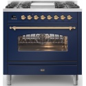 Aragaz ILVE Nostalgie P09N, 90x60cm, 4 arzatoare+Fry Top, cuptor electric, aprindere electronica, siguranta Stop Gaz, albastru
