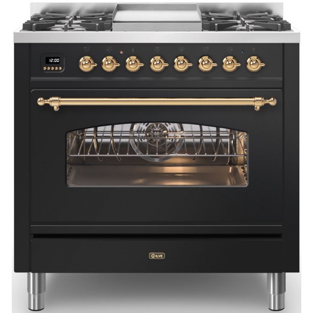 Aragaz ILVE Nostalgie P09N, 90x60cm, 4 arzatoare+Fry Top, cuptor electric, aprindere electronica, siguranta Stop Gaz, negru