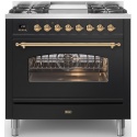 Aragaz ILVE Nostalgie P09N, 90x60cm, 4 arzatoare+Fry Top, cuptor electric, aprindere electronica, siguranta Stop Gaz, negru