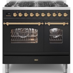 Aragaz ILVE Nostalgie PD09N, 90x60cm, 6 arzatoare, cuptor dublu, aprindere electronica, siguranta Stop Gaz,negru
