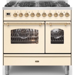 Aragaz ILVE Nostalgie PD09N, 90x60cm, 6 arzatoare, cuptor dublu, aprindere electronica, siguranta Stop Gaz, alb antic