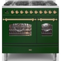Aragaz ILVE Nostalgie PD09N, 90x60cm, 4 arzatoare + Fry Top, cuptor dublu, aprindere electronica, siguranta Stop Gaz, verde