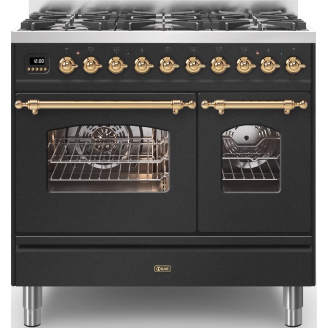 Aragaz ILVE Nostalgie PD09N, 90x60cm, 6 arzatoare, cuptor dublu, aprindere electronica, siguranta Stop Gaz,negru antracit