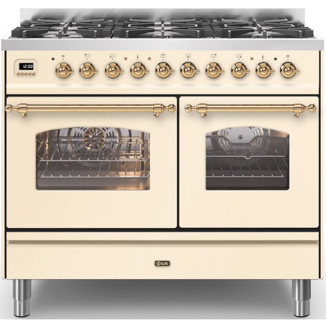 Aragaz ILVE Nostalgie PD10N, 100x60cm, 4 arzatoare + Fry Top, cuptor dublu, aprindere electronica, sigurante stop gaz, alb antic