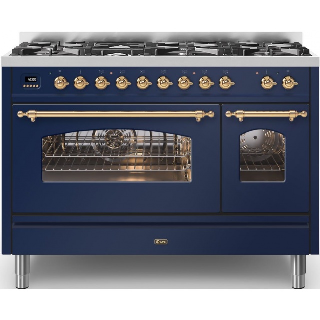 Aragaz ILVE Majestic M12N, 120x70cm, 8 arzatoare, cuptor dublu, aprindere electronica, siguranta Stop- Gaz, albastru