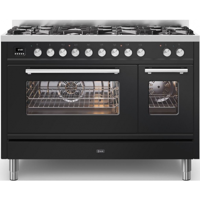 Aragaz ILVE Professional Plus P12W,120x60cm,6 arzatoare+Fry Top,cuptor dublu,aprindere electronica, siguranta Stop Gaz,negru mat