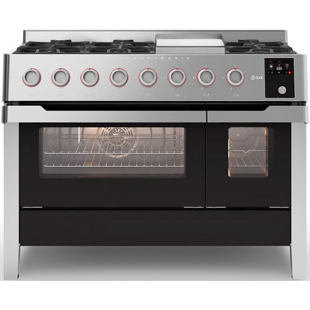 Aragaz ILVE Panoramagic PM12, 122x70cm, 6 arzatoare+Fry Top , cuptor dublu, aprindere electronica, siguranta Stop Gaz, inox