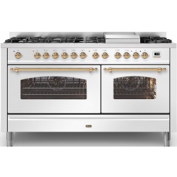 Aragaz ILVE Nostalgie P15N, 150x70cm, 7 arzatoare + Coupe de Feu, cuptor dublu, aprindere electronica, siguranta stop gaz, alb