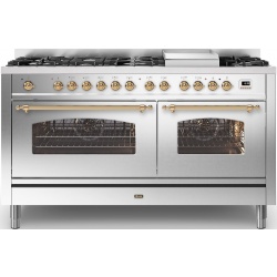 Aragaz ILVE Nostalgie P15N,150x70cm, 7 arzatoare + Fry Top, cuptor dublu,aprindere electronica, siguranta stop gaz, inox