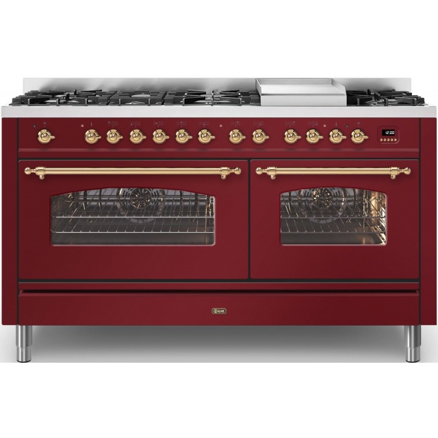 Aragaz ILVE Nostalgie P15N, 150x70cm, 7 arzatoare + Coupe de Feu, cuptor dublu, aprindere electronica, siguranta stop gaz, rosu