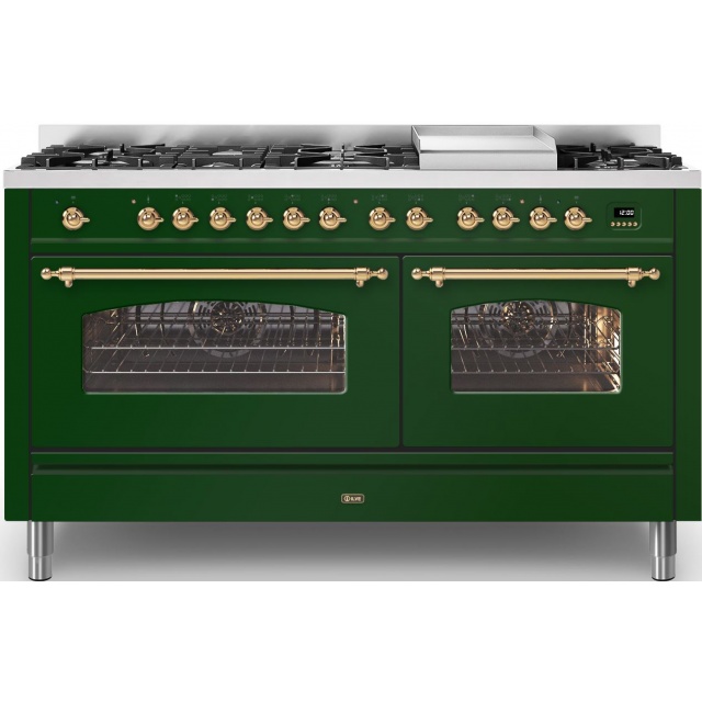 Aragaz ILVE Nostalgie P15N, 150x70cm, 7 arzatoare + Coupe de Feu, cuptor dublu, aprindere electronica, siguranta stop gaz, verde