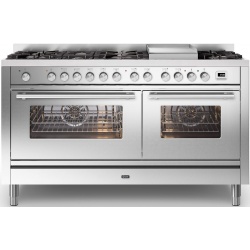 Aragaz ILVE Professional Plus P15W, 150x60cm, 7 arzatoare+placa Fry Top, cuptor dublu, aprindere electronica, siguranta gaz,inox