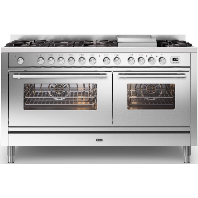 Aragaz ILVE Professional Plus P15W, 150x60cm, 7 arzatoare+placa Fry Top, cuptor dublu, aprindere electronica, siguranta gaz,inox