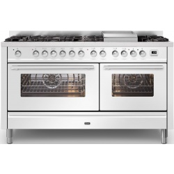 Aragaz ILVE Professional Plus P15W, 150x60cm, 7 arzatoare+placa Fry Top, cuptor dublu, aprindere electronica, siguranta gaz, alb