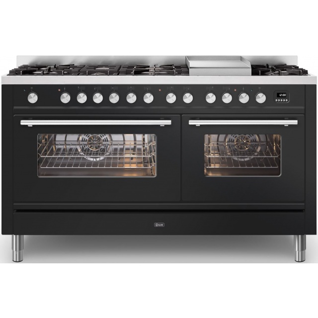 Aragaz ILVE Professional Plus P15W,150x60cm,7 arzatoare+Fry Top,cuptor dublu, aprindere electronica, siguranta gaz, negru lucios