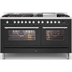 Aragaz ILVE Professional Plus P15W, 150x60cm, 7 arzatoare+Fry Top, cuptor dublu, aprindere electronica, siguranta gaz, negru mat