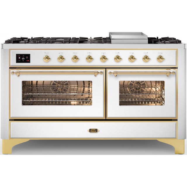 Aragaz ILVE Majestic M15N,150x70cm, 5 arzatoare+Coupe de Feu+Fry Top, cuptor dublu, aprindere electronica, siguranta gaz, alb