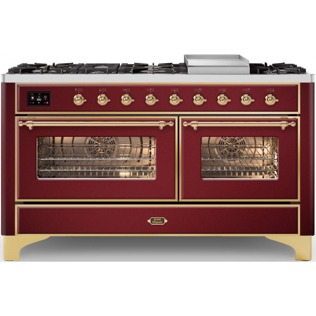 Aragaz ILVE Majestic M15N, 150x70cm,7 arzatoare+placa Fry Top, cuptor dublu,aprindere electronica,siguranta Stop Gaz, rosu