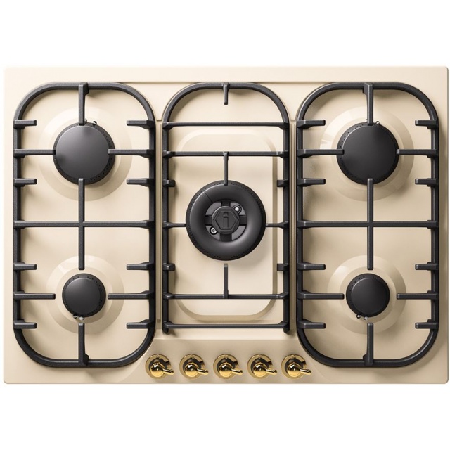 Plita incorporabila ILVE Nostalgie HCB70N, 70 cm, 5 arzatoare, aprindere electronica, siguranta Stop-Gaz, alb antic