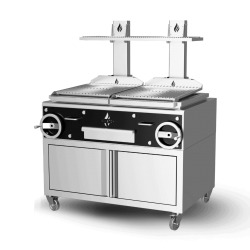 Gratar profesional pe cărbuni PARRILLA cu baza de depozitat pe roti si suprafață de prăjire 2Χ 500X620 mm mm