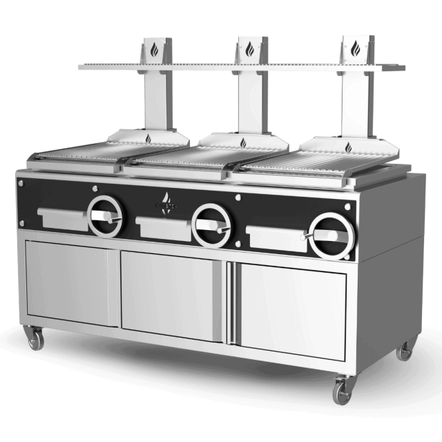 Gratar profesional pe cărbuni PARRILLA cu baza de depozitat pe roti si suprafață de prăjire 3Χ 500X620 mm