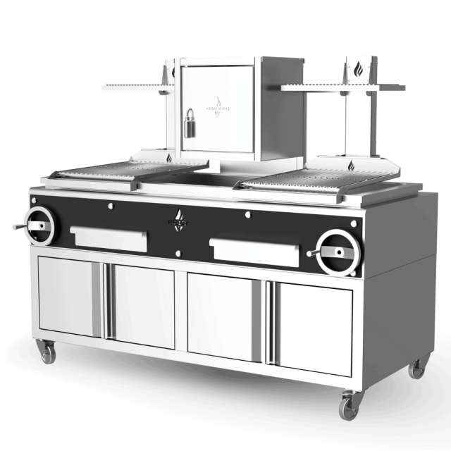 Gratar profesional PARRILLA Seria F cu cos de fum, baza de depozitare pe roti si suprafata de prajire 2 gratare 500X620 mm