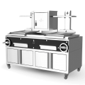 Gratar profesional ROASTER PARRILLA Seria F cu cos de fum, baza de depozitare pe roti si suprafata de prajire 2 X 500X620 mm