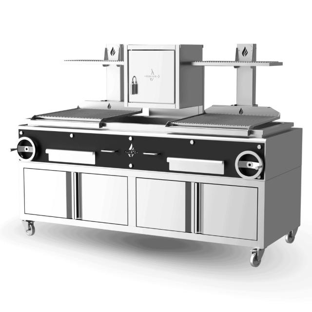 Gratar profesional PARRILLA Seria F cu cos de fum, baza de depozitare pe roti si suprafata de prajire 2 gratare 630X620 mm