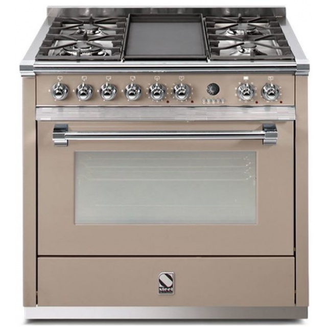 Aragaz Steel Ascot, 90X60cm, 6 arzatoare, cuptor electric multifunctional, timer, aprindere electronica, crem inchis