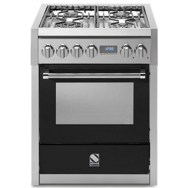 Aragaz Steel Genesi, 70X60cm, 4 arzatoare, cuptor electric multifunctional, timer, aprindere electronica, negru