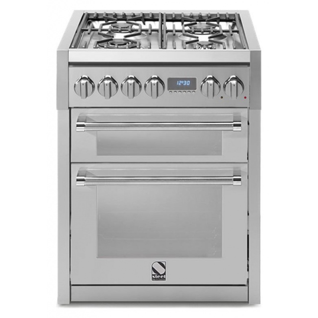 Aragaz Steel Genesi, 70X60cm, 4 arzatoare, cuptor dublu electric multifunctional, timer, aprindere electronica, inox