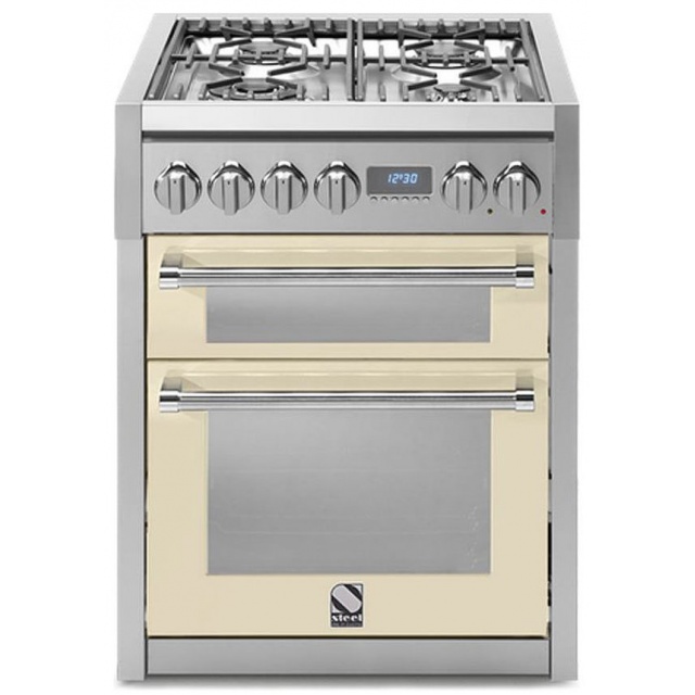 Aragaz Steel Genesi, 70X60cm, 4 arzatoare, cuptor dublu electric multifunctional, timer, aprindere electronica, crem