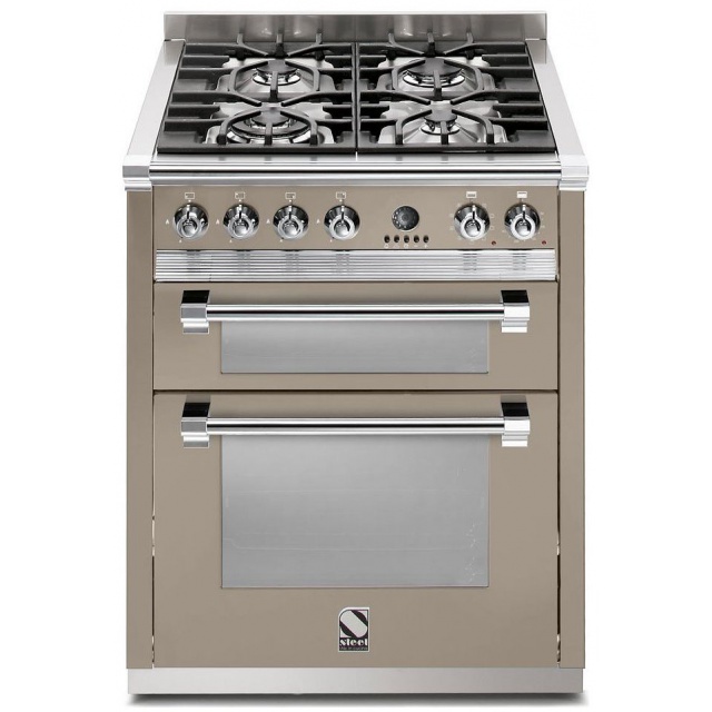 Aragaz Steel Ascot, 70X60cm, 4 arzatoare, cuptor dublu electric multifunctional, timer, aprindere electronica, crem inchis
