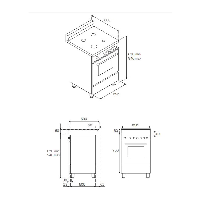 Aragaz Bertazzoni La Germania Prima PRM664EXT, 60x60 cm, 4 arzatoare gaz ,  cuptor electric, aprindere electronica, inox