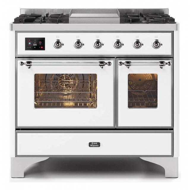 Aragaz ILVE Majestic MD10N, 100x70cm, 4 arzatoare+Coupe de Feu, cuptor dublu, aprindere electronica, siguranta gaz, alb