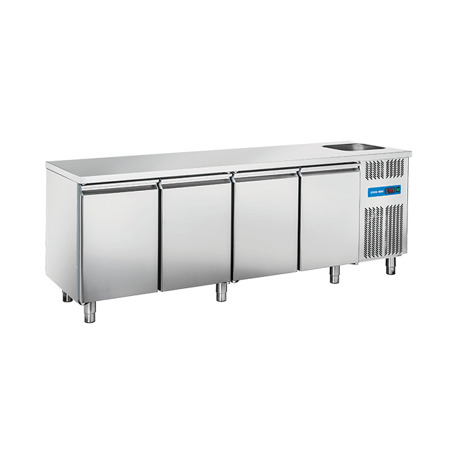 Masa rece cu chiuveta Cool Head RC 4100LV, cu 4 usi, capacitate 630 l, lungime 224 cm, temperatura 0°/ +8°C, inox