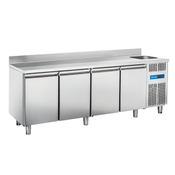 Masa rece cu chiuveta si rebord Cool Head RC 4200LV, cu 4 usi, capacitate 630 l, lungime 224 cm, temperatura 0°/ +8°C, inox