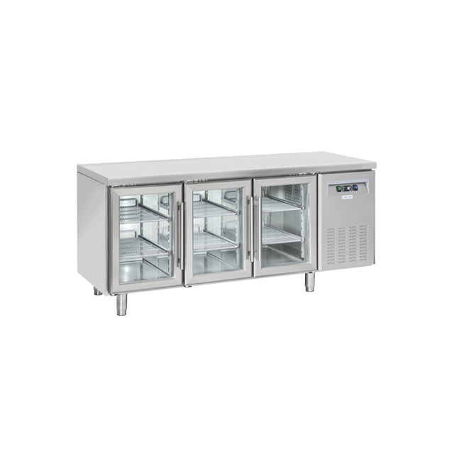 Masa rece cu usi din sticla Cool Head QRG 3100, 3 usi, capacitate 400 l, lungime 180 cm, temperatura +3°/ +10°C, inox