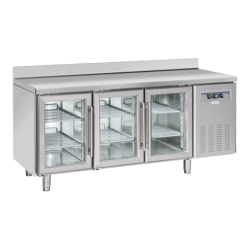 Masa rece cu usi din sticla si rebord Cool Head QRG 3100, 3 usi, capacitate 400 l, lungime 180 cm, temperatura +3°/ +10°C, inox