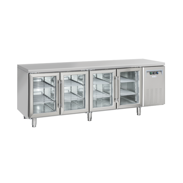 Masa rece cu usi din sticla Cool Head QRG 4100, 4 usi, capacitate 570 l, lungime 225 cm, temperatura +3°/ +10°C, inox