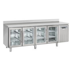 Masa rece cu usi din sticla si rebord Cool Head QRG 4200, 4 usi, capacitate 570 l, lungime 225 cm, temperatura +3°/ +10°C, inox